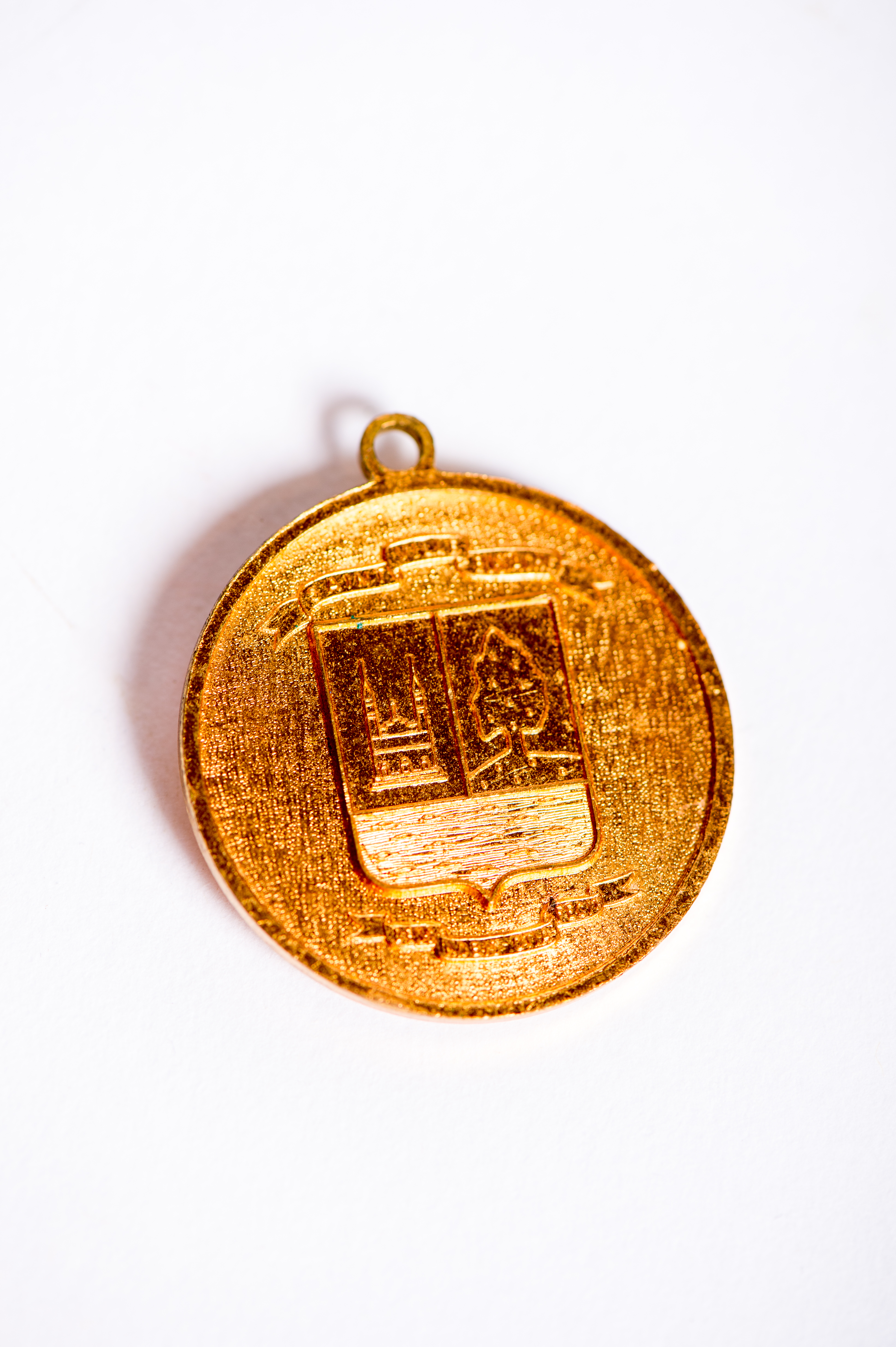 Photographie d’un médaillon honorifique de couleur dorée sur fond blanc illustrant les armoiries de la Ville de Saint-Eustache, soit une église, un chêne et une rivière.