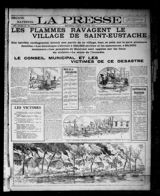 Photographie en noir et blanc d’un article du quotidien La Presse datant de 1910. L’article relate un des incendies les plus dévastateurs de la Ville de Saint-Eustache.