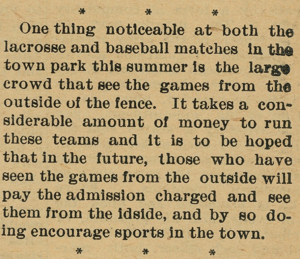 Coupure de presse parlant des foules qui regardaient des matchs de la crosse et de baseball sans payer.