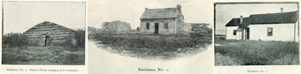 Ensemble de trois photos en noir et blanc montrant chacune un petit édifice en rondins. La première photo montre une petite maison en rondins avec un homme sur le seuil; celle du milieu montre une maison en rondins plus grande avec un toit à pignon, et la troisième représente la maison la plus grande qui est en rondins peints.