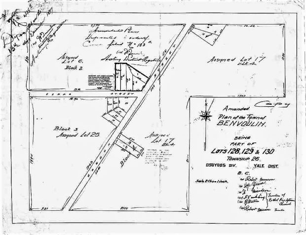 Plan en noir et blanc dessiné à la main montrant des parcelles et des routes.