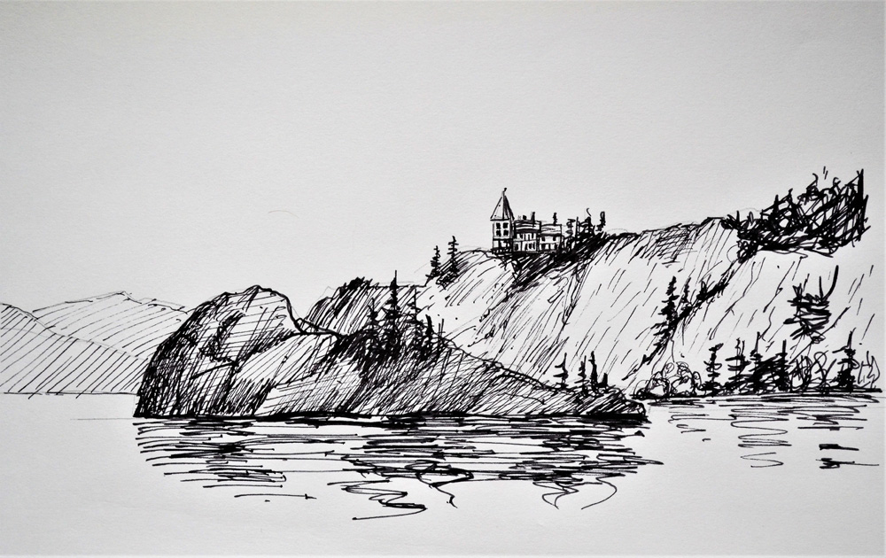 Dessin à l’encre représentant un lac, une grande bande de terre avec des arbres et une grande maison perchée au sommet d’une colline.