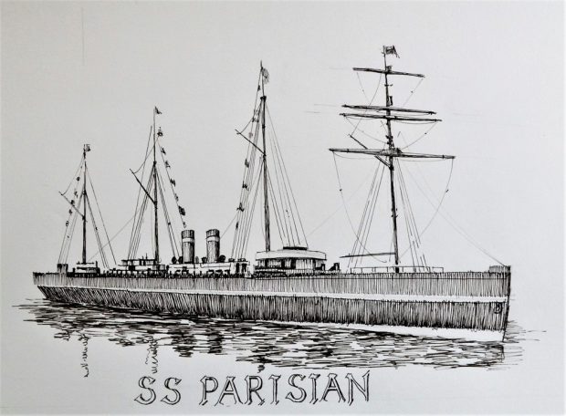 Dessin à l’encre d’un long bateau à vapeur de 1890 à quatre mâts, baptisé le S.S. Parisian.
