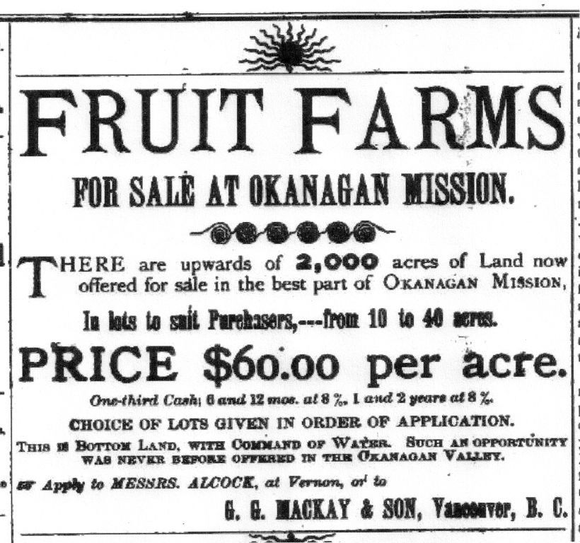 Annonce publicitaire ancienne pour des fermes fruitières à vendre dans la Mission de l’Okanagan.