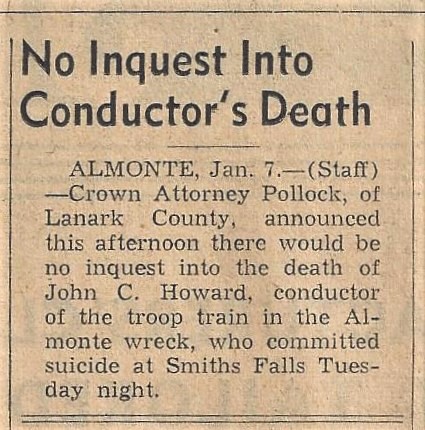 Article de journal sur la mort de John Howard paru dans The Almonte Gazette, 8 janvier 1943