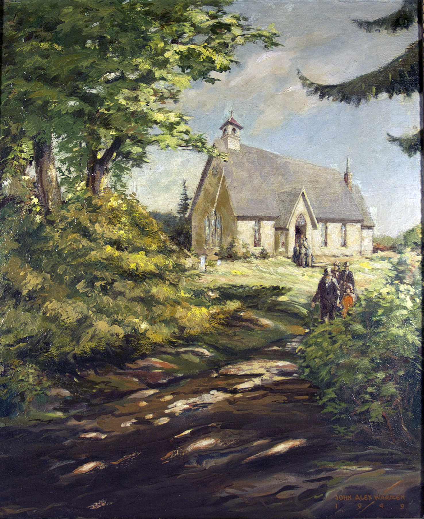 Peinture à l'huile du second St. James the Apostle. La peinture montre un groupe de personnes descendant le chemin de Church Hill 