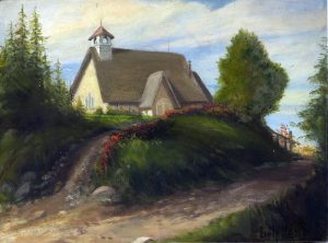 Aquarelle du 20e siècle représentant la deuxième église St. James par une journée d'été. La peinture montre l'église sur une colline avec un chemin menant à ses portes. 