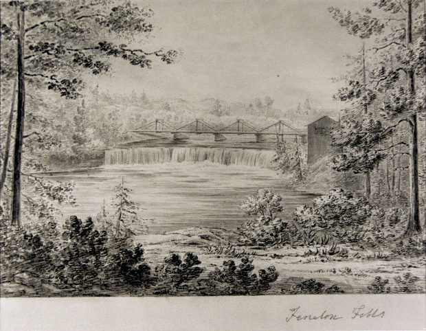 Esquisse au lavis et au crayon mesurant 7 1/2 x 9 3/4 pouces. L'esquisse représente le pont sur les chutes Fenelon et, à droite, un moulin vers 1840. Anne Langton a écrit dans le coin inférieur droit Fenelon Falls.