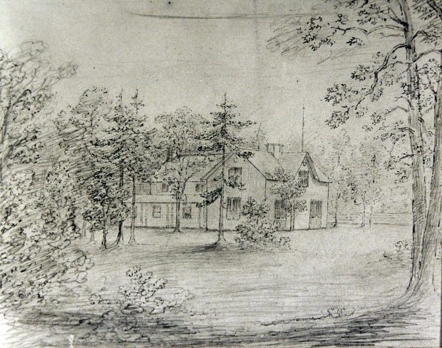 Cette esquisse miniature au fusain réalisée par Anne Langton représente la maison de James Wallis appelée Maryboro. L'esquisse montre la maison en arrière-plan et les arbres au premier plan.