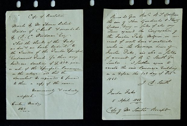 Deux pages d'un texte manuscrit du 8 avril 1868 concernant une résolution de l'église.