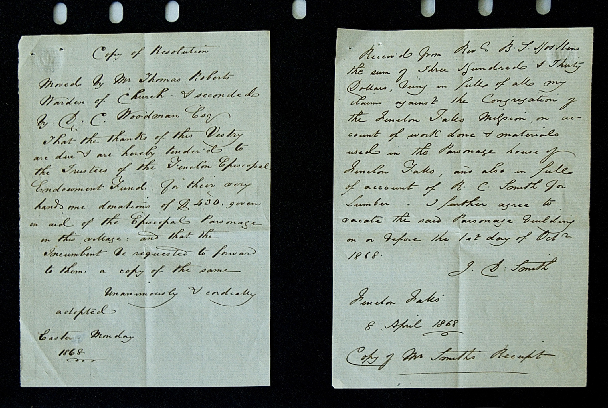 Deux pages d'un texte manuscrit du 8 avril 1868 concernant une résolution de l'église.