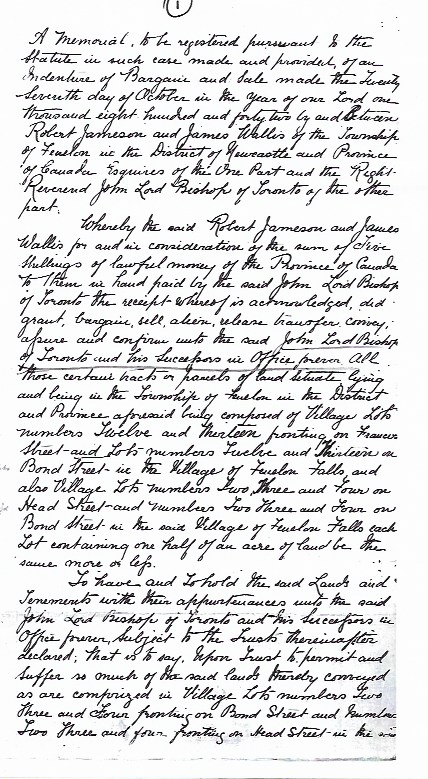 Première page originale manuscrite de l'acte de propriété du terrain pour l'église anglicane St. James de Robert Jameison et James Wallis. 