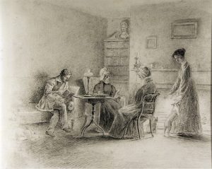 Croquis en noir et blanc de l'intérieur de la maison Blythe. On y voit John assis sur un canapé, deux femmes à table et Anne Langton devant un feu de cheminée en train de caresser un petit chien.