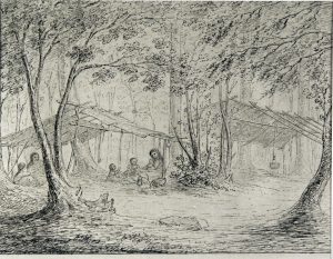 Esquisse au crayon d'Anne Langton intitulée The Encapement. L'esquisse montre une scène en bois. Deux abris à toit rugueux sont construits. Dans le premier abri, à gauche, des indigènes se reposent en dessous. Le deuxième abri, à droite, a un feu et une petite pièce de cuisson suspendue au toit. 