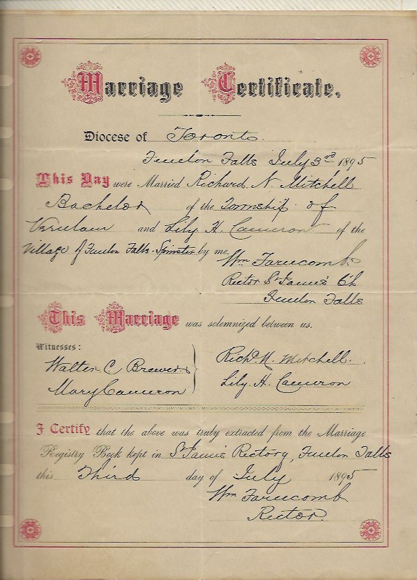 Grand certificat de mariage daté du 3 juillet 1895 pour Richard A. Mitchell et Lily H. Cameron.