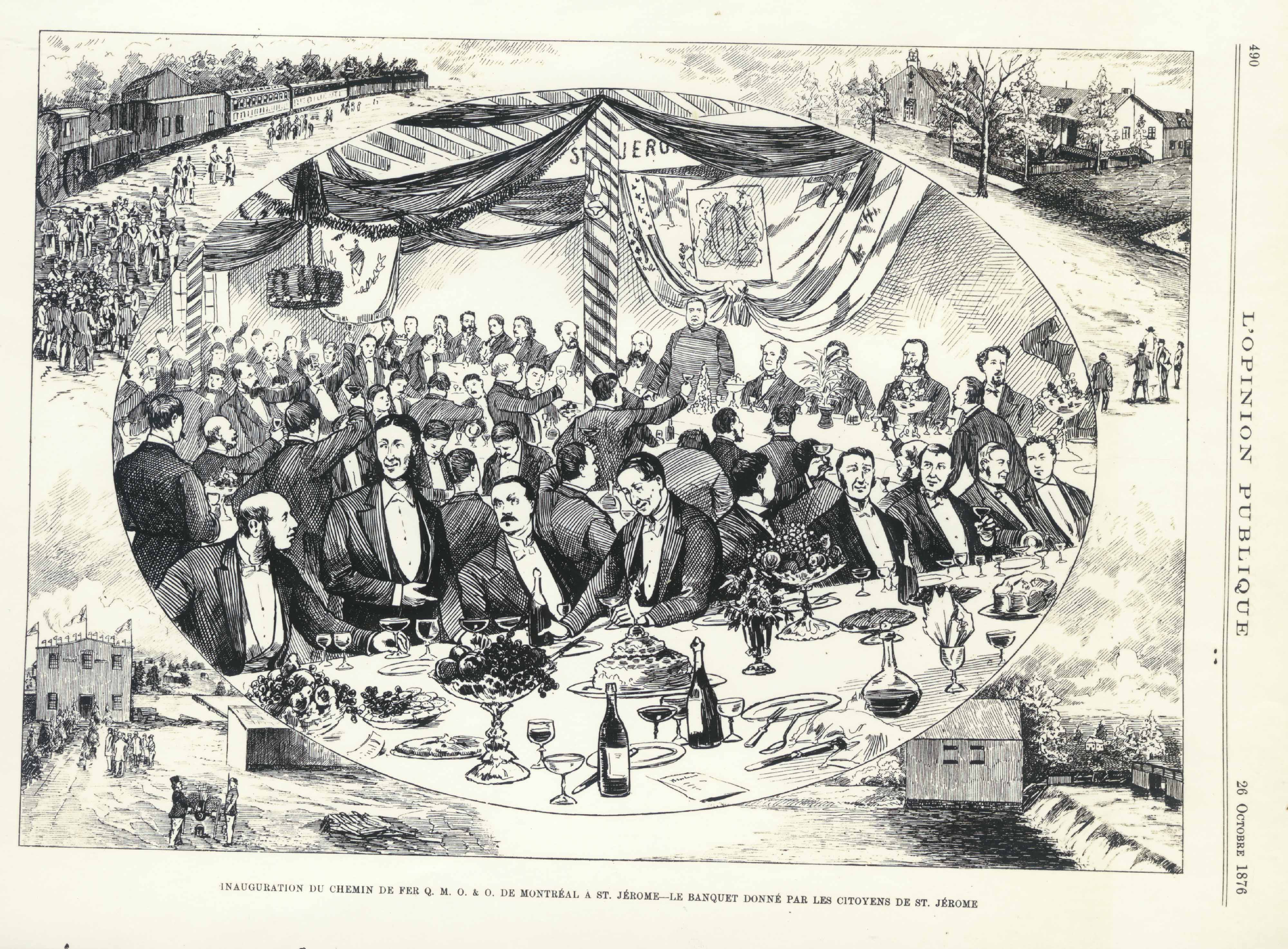 Illustration d’un banquet. Le dessin a une forme rectangulaire. Au centre, un ovale montre des hommes en tenue de soirée attablés pour un banquet dans une salle décorée. Au fond de la salle, on aperçoit le curé Labelle debout à la table d’honneur. À l’extérieur de l’ovale, on retrouve des représentations d’un village : train en gare, moulin à farine, église, presbytère et rivière.. Le dessin a une forme rectangulaire. Au centre, un ovale montre des hommes en tenue de soirée attablés pour un banquet dans une salle décorée. Au fond de la salle, on aperçoit le curé Labelle debout à la table d’honneur. À l’extérieur de l’ovale, on retrouve des représentations d’un village : train en gare, moulin à farine, église et presbytère et rivière.