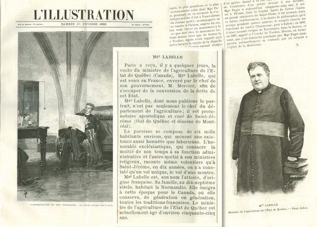 Montage photographique de trois coupures de presse de journaux français de 1890. À gauche, une gravure imprimée d’un homme assis lisant un journal. Au centre, un article dont le titre est Monseigneur Labelle. À droite, une page de journal dont la partie supérieure contient du texte et la partie inférieure une gravure d’une photographie du curé Labelle. 