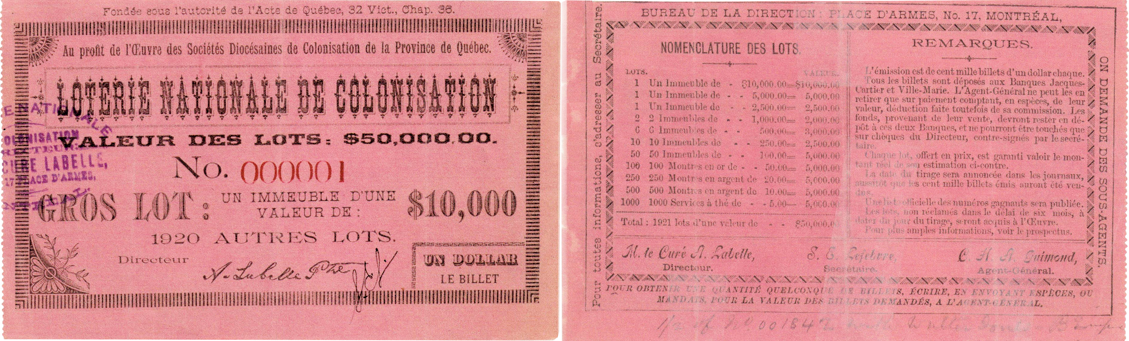 Images du recto et du verso d’un billet de loterie imprimé sur un carton rectangulaire rose vif. Sur le recto : le nom de la loterie, l’organisme bénéficiaire, le numéro et le coût du billet, le prix principal à remporter et la signature du directeur de la loterie. Au verso : la nomenclature des lots à gagner, des remarques sur la loterie et les noms de trois dirigeants. 