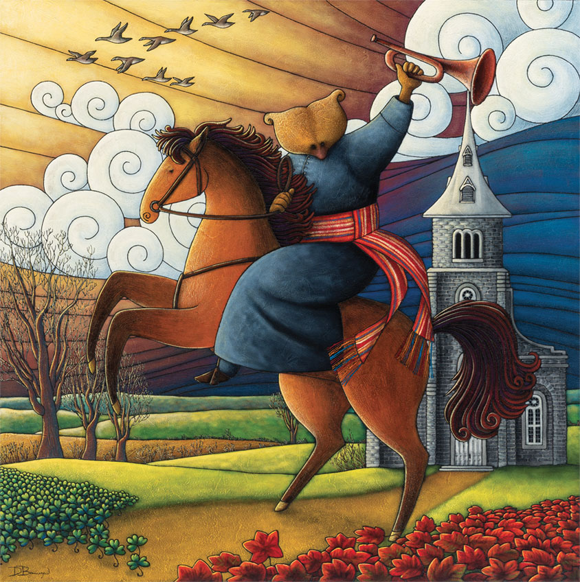 Peinture figurative illustrant le curé Labelle sous les traits d’un ours en soutane assis sur un cheval, un clairon à la main. À la taille, il porte une ceinture fléchée. Une église figure en arrière-plan. 