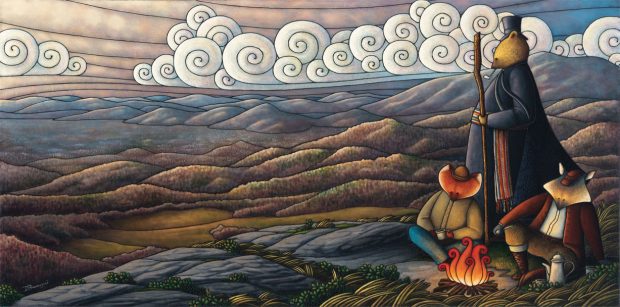 Peinture figurative illustrant le curé Labelle sous les traits d’un ours en soutane. Debout, un bâton de marche à la main, il regarde au loin les montagnes qui l’entourent à perte de vue. Assis près de lui, un renard et un loup se réchauffent près d’un feu. 