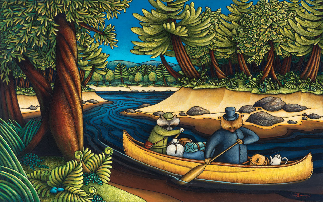 Peinture figurative illustrant le curé Labelle sous les traits d’un ours en soutane, dans un canot rempli de bagages, accompagné d’un raton laveur. Les deux personnages pagayent. La forêt entoure la rivière sablonneuse.