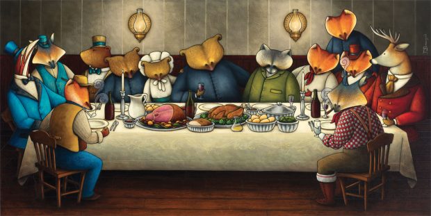 Peinture figurative illustrant le curé Labelle sous les traits d’un ours en soutane entouré de ses collaborateurs autour d’une table. Les personnages sont représentés par différents animaux de la forêt canadienne : ours, renard, raton laveur, cerf, bécasse.