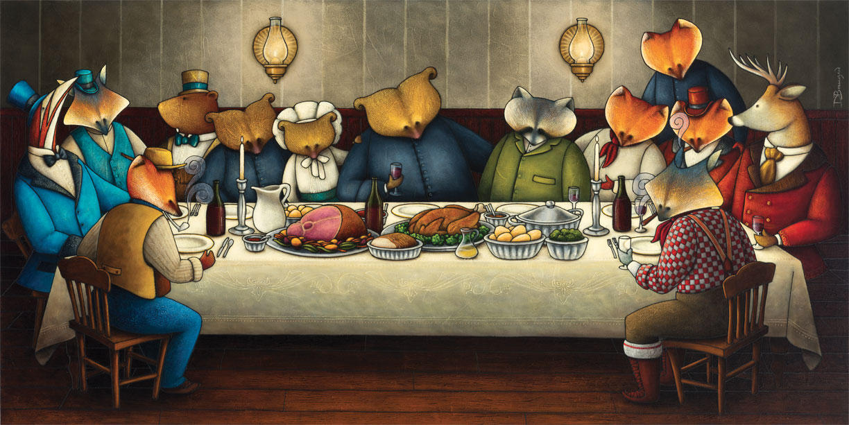 Peinture figurative illustrant le curé Labelle sous les traits d’un ours en soutane entouré de ses collaborateurs autour d’une table. Les personnages sont représentés par différents animaux de la forêt canadienne : ours, renard, raton laveur, cerf, bécasse.