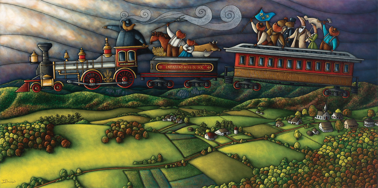 Peinture figurative illustrant le curé Labelle sous les traits d’un ours en soutane à bord d’un train qui vole dans le ciel. Le train surplombant des terres agricoles et un village. Les passagers des deux wagons sont des personnages sont représentés par différents animaux de la forêt canadienne : ours, renard, raton laveur, cerf, bécasse. 