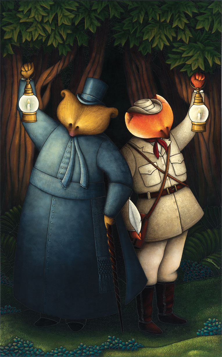 Peinture figurative illustrant le curé Labelle sous les traits d’un ours en soutane au côté d’un renard habillé en vêtements de voyage. Les deux personnages tiennent chacun une lanterne devant eux et sont devant des arbres.