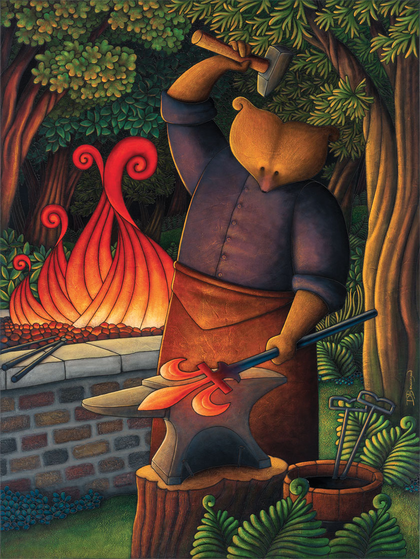 Peinture figurative illustrant le curé Labelle sous les traits d’un ours en soutane forgeant une fleur de lis dans le métal rougi par la chaleur. D’une main, il tient un marteau et de l’autre, la tige qu’il est  en train de marteler. Un feu brûle derrière lui.
