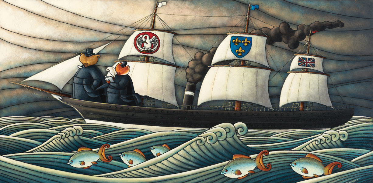 Peinture figurative illustrant le curé Labelle sous les traits d’un ours en soutane à bord d’un bateau à voile et à vapeur. Un renard qui tient un cahier et un crayon se tient à ses côtés sur le pont. 