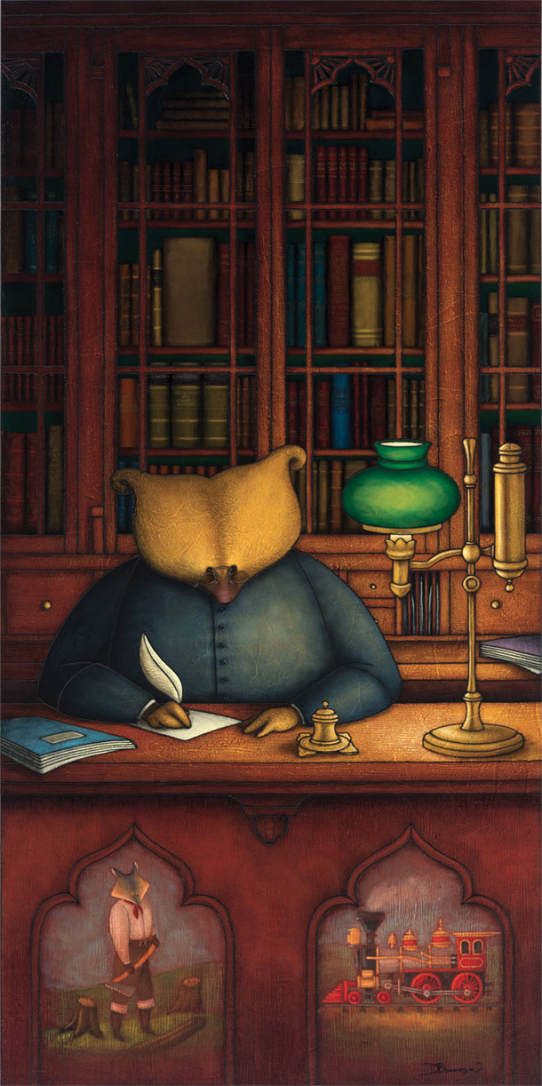 Peinture figurative illustrant le curé Labelle sous les traits d’un ours en soutane derrière un bureau de travail. Une bibliothèque pleine de livres se trouve derrière lui. Un défricheur sous les traits d’un loup et un train sont représentés sur le devant du meuble. 