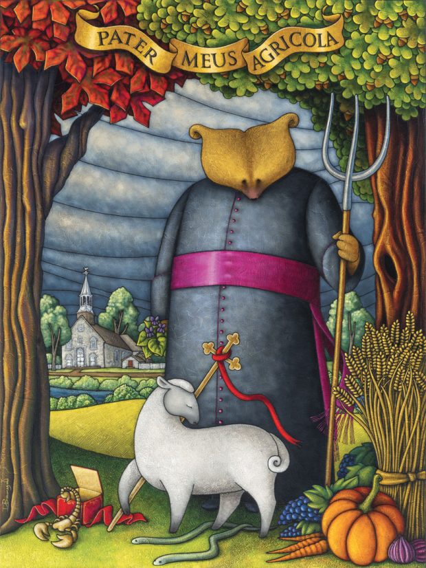 Peinture figurative illustrant le curé Labelle sous les traits d’un ours en soutane. Derrière le personnage debout, on aperçoit une rivière et une église de pierre. L’ours tient une fourche d’une main. Devant lui se trouvent un mouton, une croix, un scorpion sortant d’une boîte, deux petits serpents, des légumes et une botte de blé.