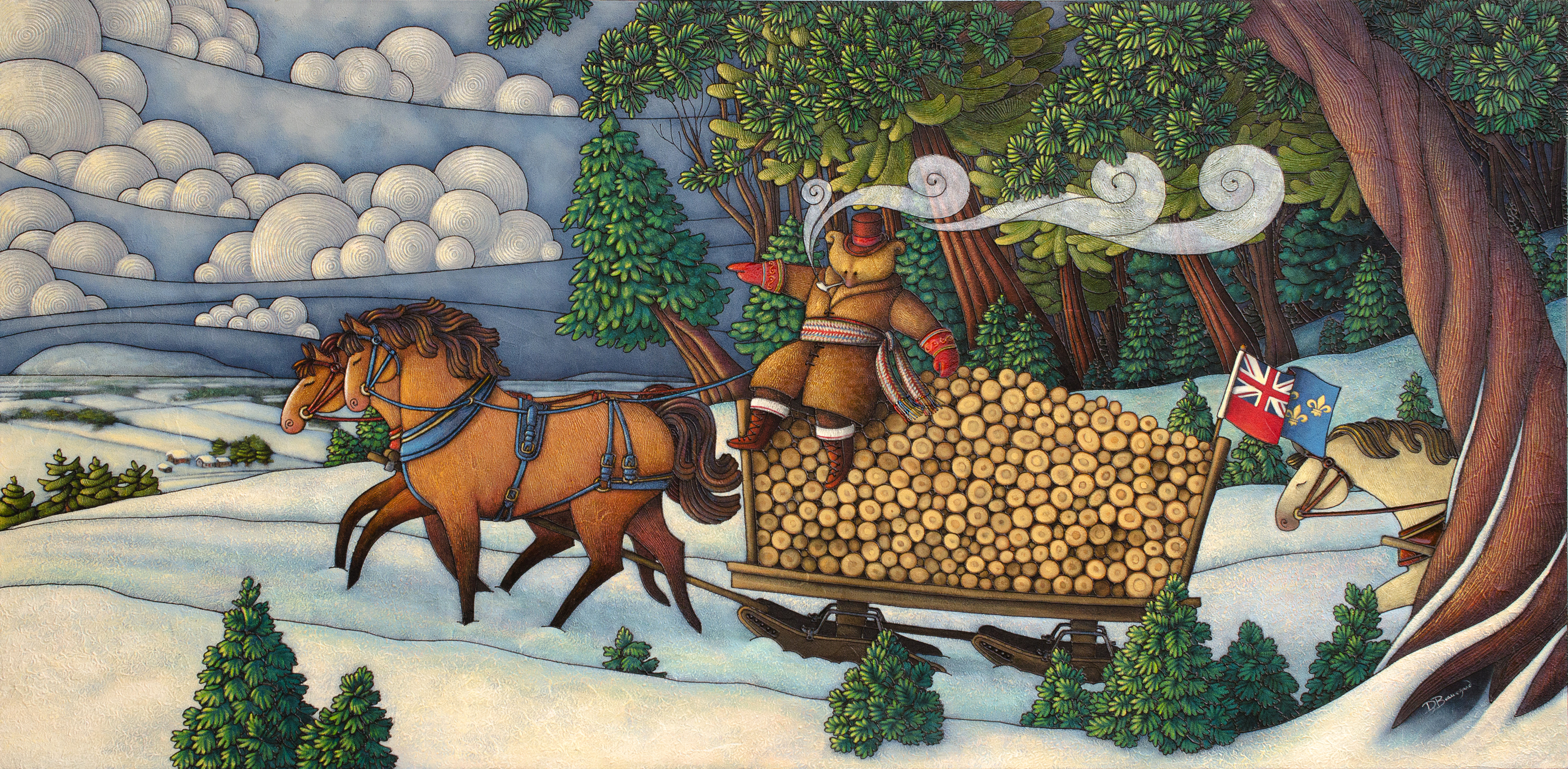 Peinture figurative illustrant le curé Labelle sous les traits d’un ours en soutane assis sur un traineau remplis de billots de bois tiré par deux chevaux. La scène se déroule en hiver.
