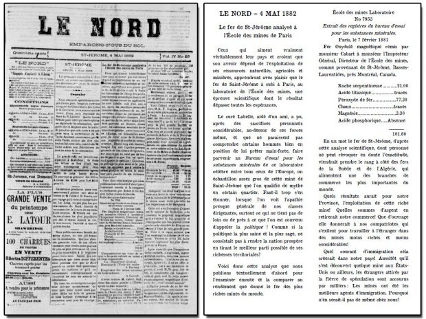 Reproduction d’un article de journal où l’on peut y lire : LE NORD – 4 mai 1882, Le fer de St-Jérôme analysé à l’École des Mines de Paris.