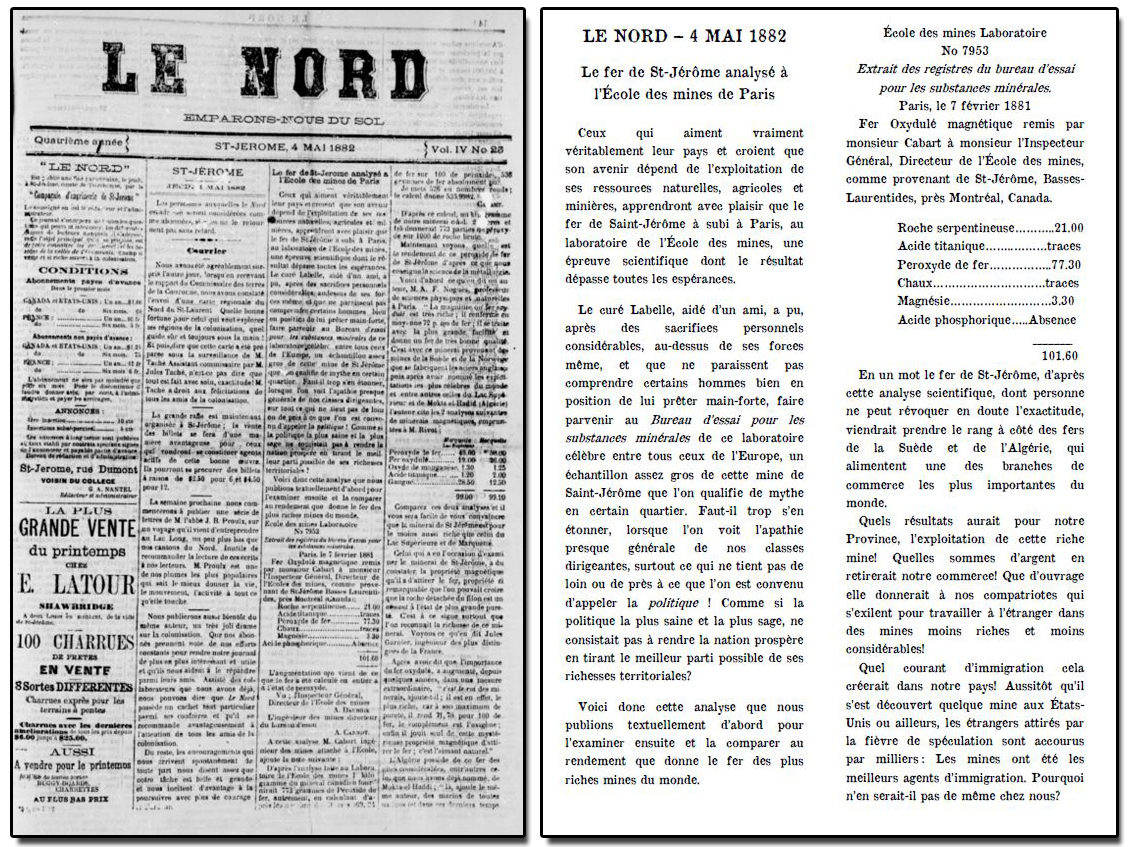 Reproduction d’un article de journal où l’on peut y lire : LE NORD – 4 mai 1882, Le fer de St-Jérôme analysé à l’École des Mines de Paris.