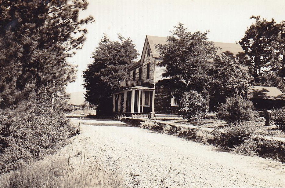 Photo en noir et blanc d’une maison en bois près d’un chemin de terre.