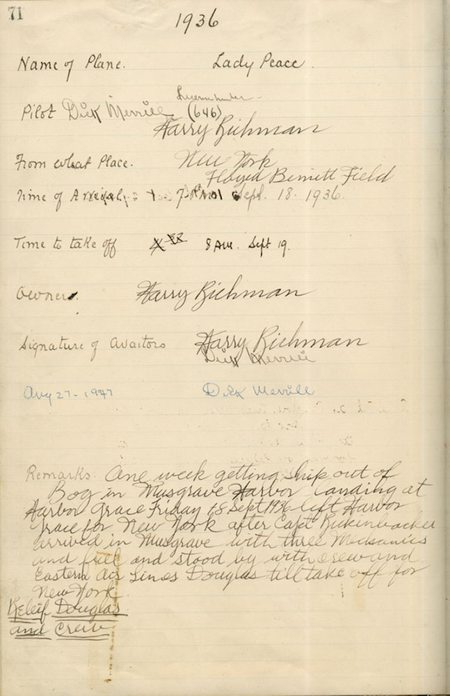 Page du registre, jaunie et écrite à la main, indiquant les détails du vol du Lady Peace et de son sauvetage.