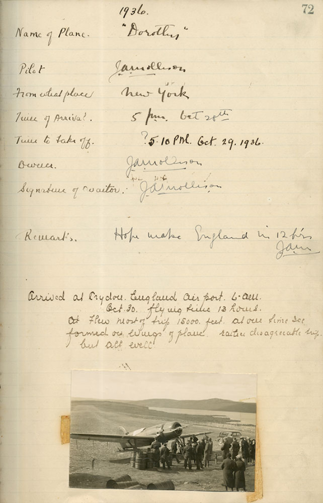 Document jauni et décoloré, avec écriture manuscrite, indiquant les détails du vol du Dorothy.