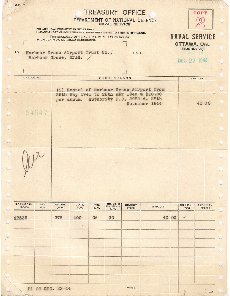 Bordereau de paiement dactylographié sur papier jauni et décoloré d’un montant de 40,00 $ provenant du bureau du Trésor du ministère de la Défense nationale.