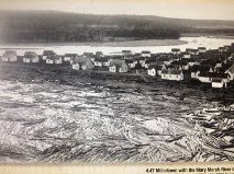 Bûches flottant dans la rivière. En arrière-plan, le village de Millertown 