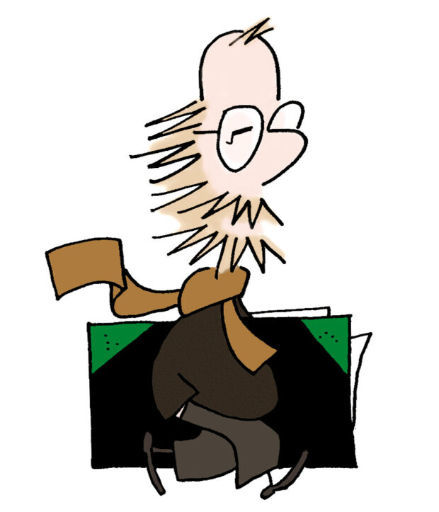  Dessin du caricaturiste portant un portefolio sous le bras.