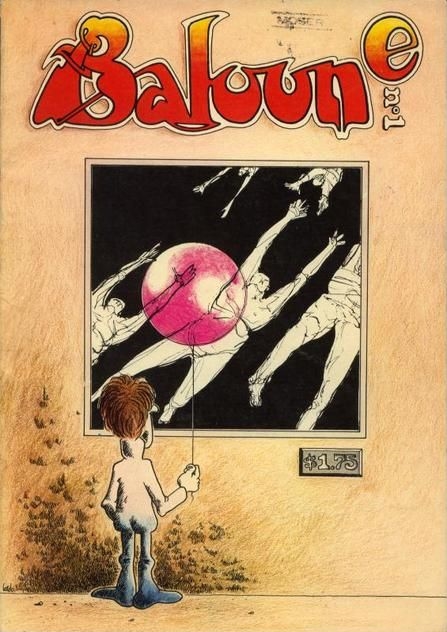 Illustration : Couverture de premier numéro de la revue Baloune. On y voit un garçon tenant un ballon au bout d’une ficelle devant un tableau d’art contemporain.