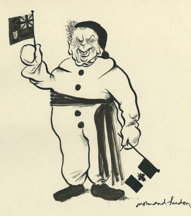 Illustration : Dessin de John Diefenbaker revêtant le costume du Bonhomme Carnaval, sans la tête, qui s’oppose à l’adoption de l’Unifolié comme drapeau du Canada. Il tient dans les airs le drapeau Red Ensign canadien dans sa main droite alors qu’il pointe l’Unifolié vers le bas dans sa main gauche. 