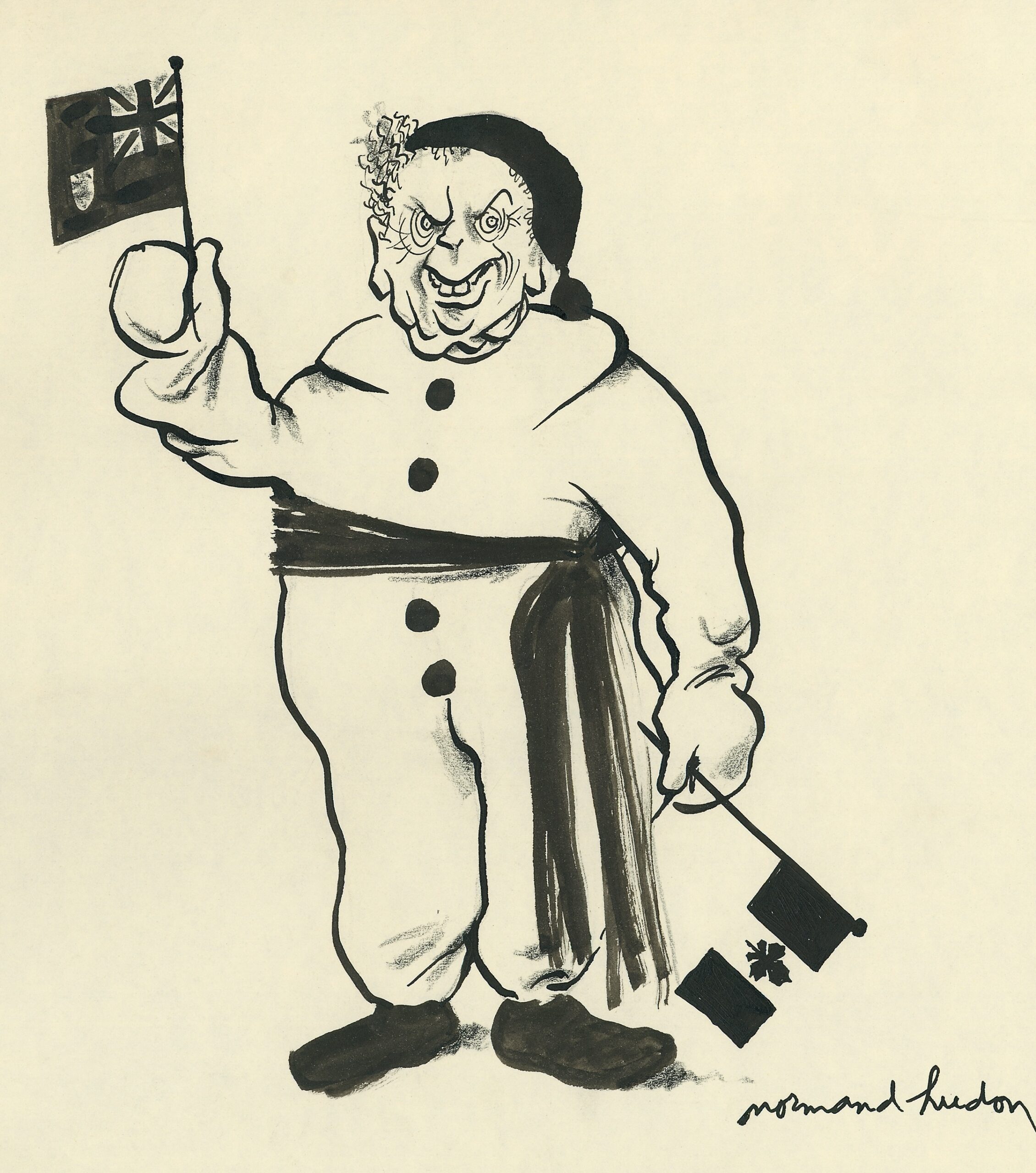 Illustration : Dessin de John Diefenbaker revêtant le costume du Bonhomme Carnaval, sans la tête, qui s’oppose à l’adoption de l’Unifolié comme drapeau du Canada. Il tient dans les airs le drapeau Red Ensign canadien dans sa main droite alors qu’il pointe l’Unifolié vers le bas dans sa main gauche.