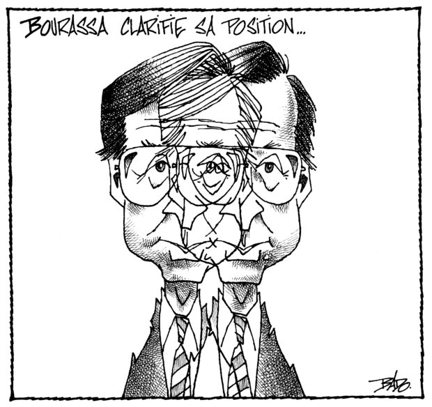 Titre : Bourrassa clarifie sa position… Illustration : Portrait dédoublé de Robert Bourassa.