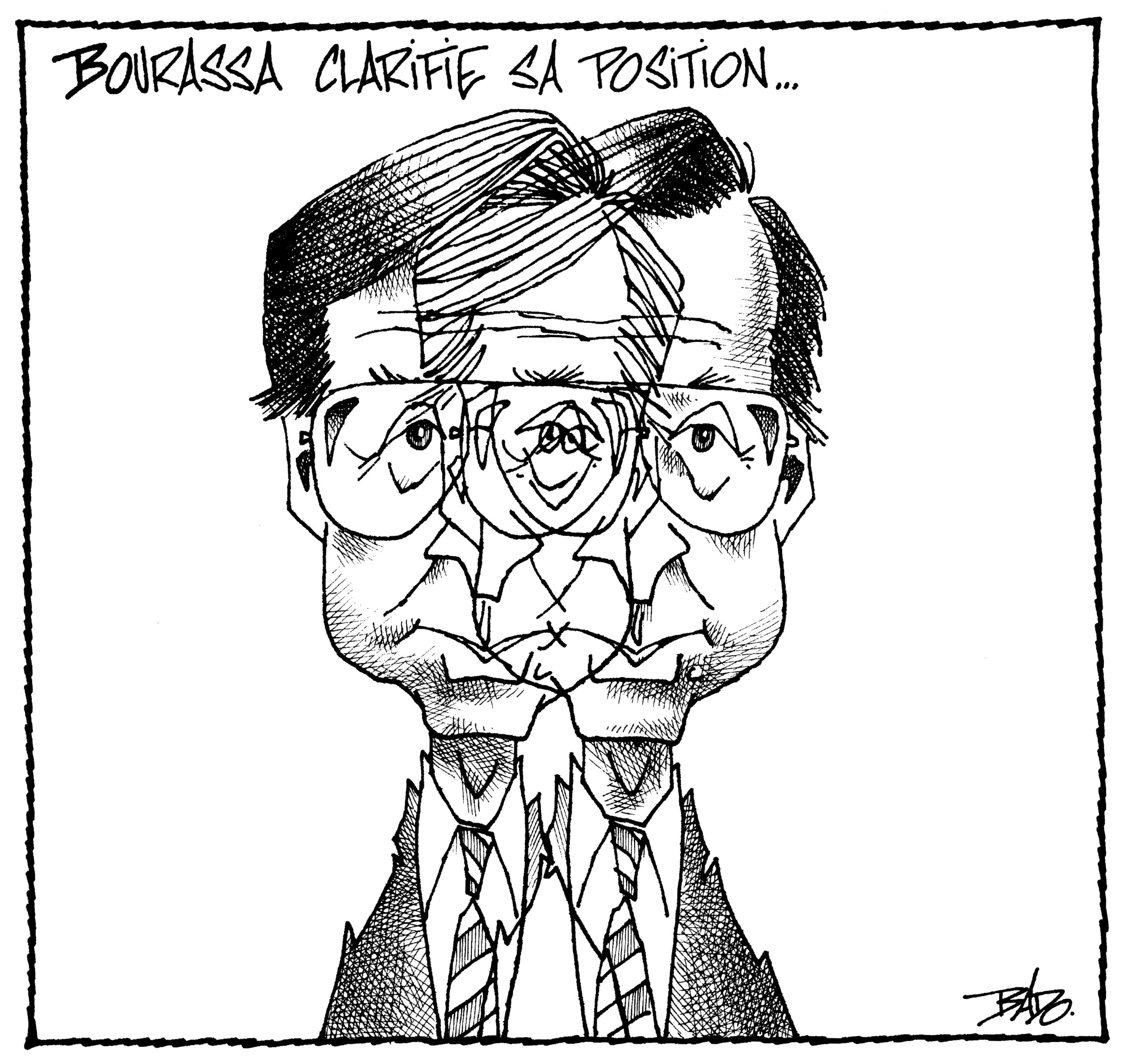 Titre : Bourrassa clarifie sa position… Illustration : Portrait dédoublé de Robert Bourassa.