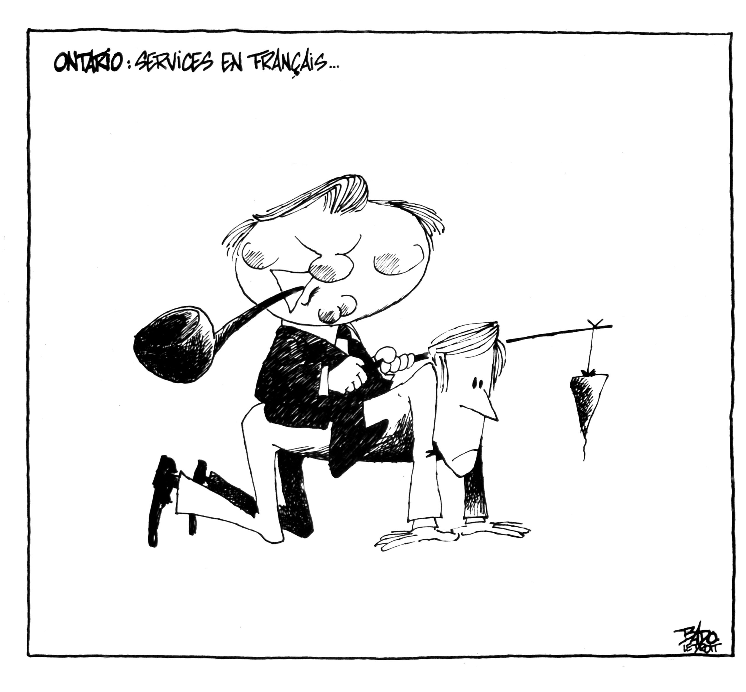 Titre : Ontario : services en français… Illustration : Dessin de Bill Davis, assis sur le dos d’un Franco-ontarien qui marche à quatre pattes, qui tient un bâton au bout duquel pend une carotte.