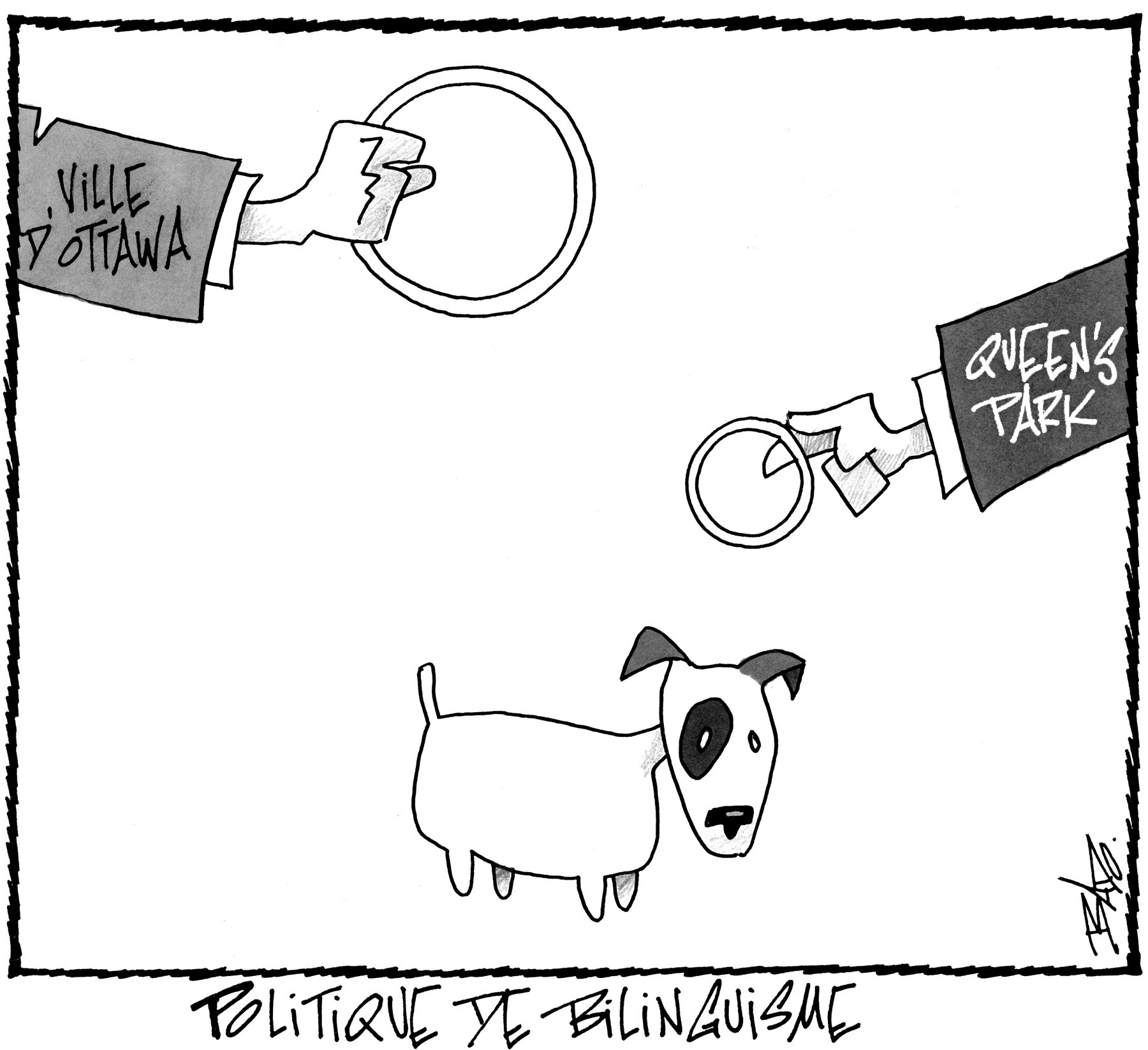 Titre : Politique de bilinguisme Illustration : Dessin d’un chien qui a le choix de sauter entre deux cerceaux : celui de la Ville d’Ottawa (plus grand) ou celui de Queen’s Park (plus petit).