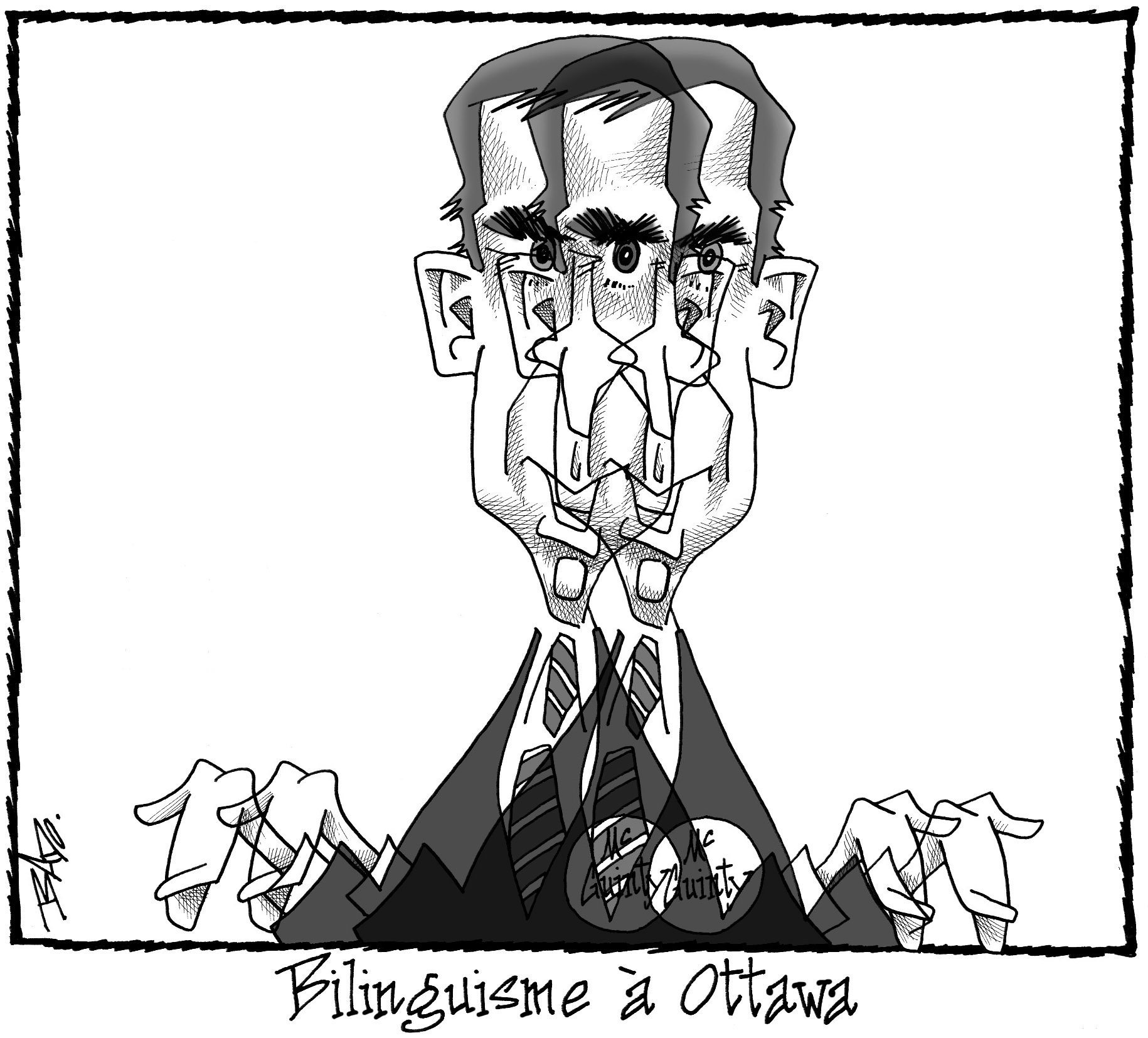 Titre : Bilinguisme à Ottawa Illustration : Dessin dédoublé de Dalton McGuinty, un peu trouble.